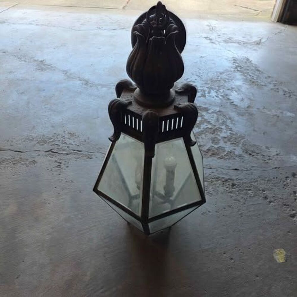Vintage Gothic Revival Hanging Porch Lantern Large Tudor Cast Metal Entryway